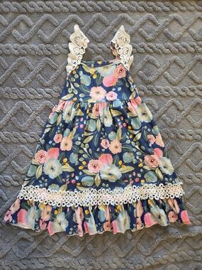 Toddler Girls M - Navy Floral Sundress with Lace Trim